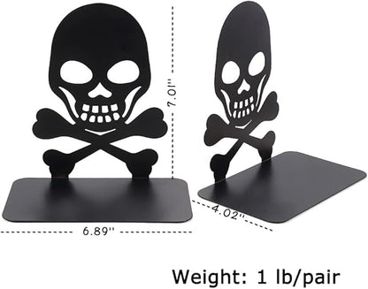 Metal Skull Design Black Bookend - Heavy-Duty Bookends for Shelves, Skull Book Ends for Heavy Books, Book Shelf Holder Home Office Decorative Desktop Organizer (1 Pair A)