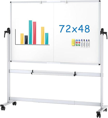 VIZ-PRO Double-Sided Mobile Whiteboard, 72 x 48 Inches, Magnetic Rolling Dry Erase White Board on Wheels with Aluminium Frame and Stand