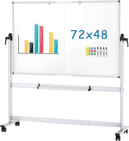 VIZ-PRO Double-Sided Mobile Whiteboard, 72 x 48 Inches, Magnetic Rolling Dry Erase White Board on Wheels with Aluminium Frame and Stand