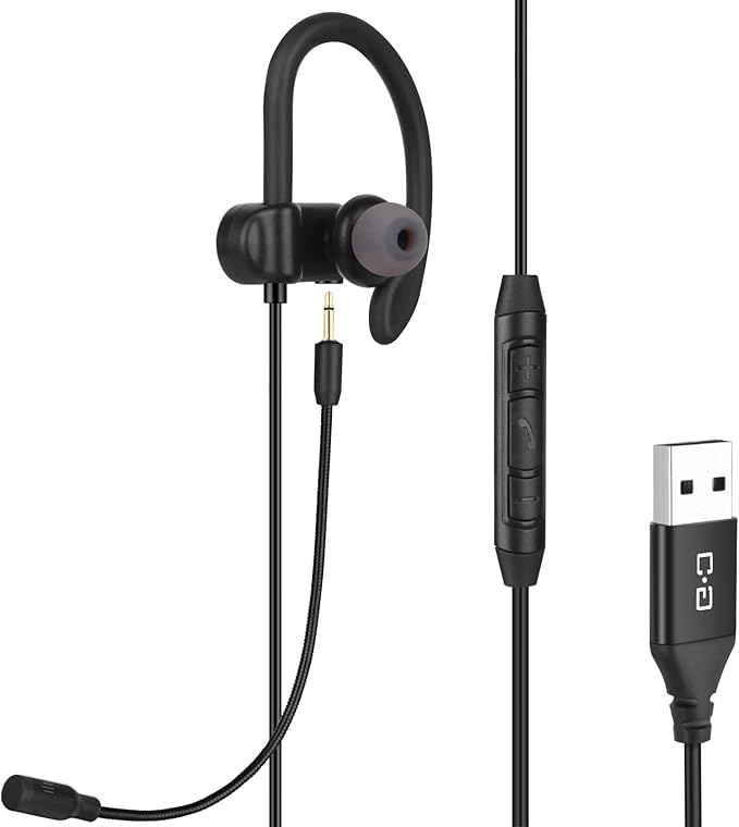 Single-Side USB Earbud with Boom Mic, USB-A Headphone for PC, Mac, Laptop, Desktop, PS4, PS5 & Call Center, Ideal for Conference, Gaming, Remote Work, 5.9FT Long Cord, Right-Ear Only