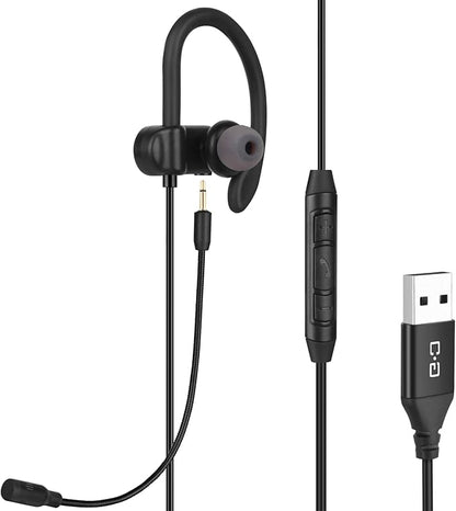 Single-Side USB Earbud with Boom Mic, USB-A Headphone for PC, Mac, Laptop, Desktop, PS4, PS5 & Call Center, Ideal for Conference, Gaming, Remote Work, 5.9FT Long Cord, Right-Ear Only