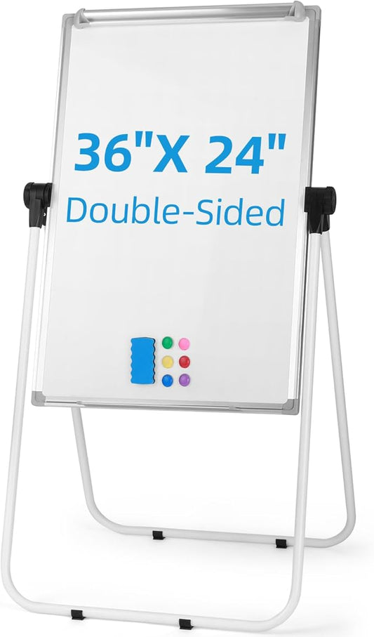 Stand Whiteboard Magnetic, 36” x 24” Double-Sided Flip Chart Easel Portable Dry Erase Board, Height Adjustable & 360° Rotating Whiteboard for Home Office Classroom, White
