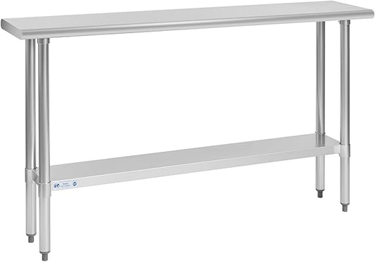 Hally Stainless Steel Table for Prep & Work 14 x 60 Inches, NSF Commercial Heavy Duty Table with Undershelf and Galvanized Legs for Restaurant, Home and Hotel