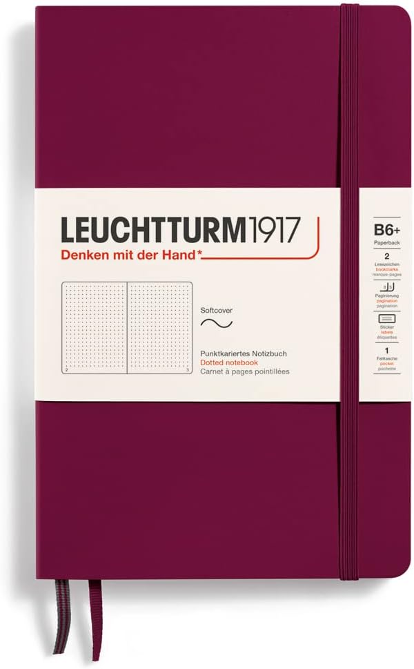LEUCHTTURM1917 - Notebook Softcover Paperback B6+ - 123 Numbered Pages for Writing and Journaling (Dotted, Port Red)