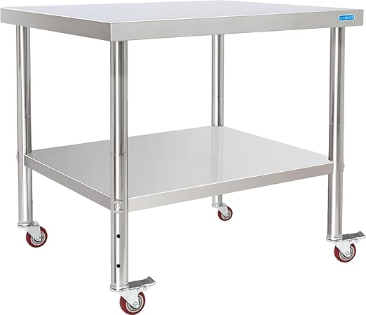 Stainless Steel Table for Prep & Work with 4 Caster Wheels with Undershelf 30 x 36 NSF Metal Commercial Kitchen Adjustable Under Shelf Worktable for Restaurant Home Outdoor