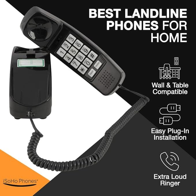 iSoHo Big Button Corded Phone for Seniors – Easy-to-Use Landline with Lighted Keypad, Ergonomic Handset & No Power Needed – Retro Home Phone for Elderly, Visually Impaired & Hard of Hearing, Black