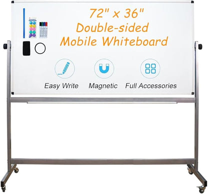 XIWODE 36x72 Large Magnetic Dry Erase Whiteboard with Stand - Double-Sided Freestanding Rolling Board, Flippable Design for Writing & Display, Silver Frame for Office, Classroom, Home