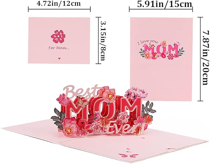 Floral Pop-Up Card - I Love You Mom, Mother's Day, 7.87"x5.91"x0.2"