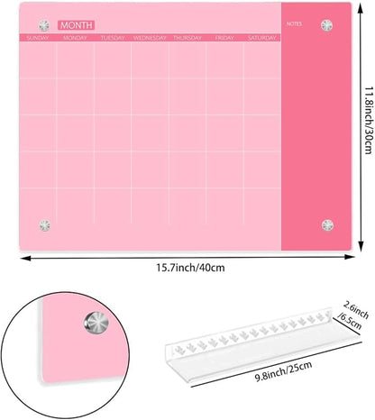 Glass Dry Erase Whiteboard, Monthly Calendar Whiteboard, Frameless Glass White Board for Home, School, Office, Pink Surface, 12" x 16"(GlassA-PK-3040)