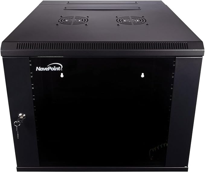 NavePoint 9U Server Cabinet with Hinged Back - 23.6” Deep, 9U Server Rack Enclosure with Locking Glass Door, Wall Mount Rack with Removable Side Panels, 9U Network Cabinet with 2 Fans, Pre-Assembled