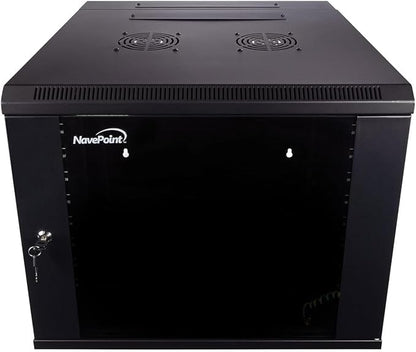 NavePoint 9U Server Cabinet with Hinged Back - 23.6” Deep, 9U Server Rack Enclosure with Locking Glass Door, Wall Mount Rack with Removable Side Panels, 9U Network Cabinet with 2 Fans, Pre-Assembled