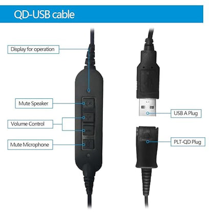 VT QD to USB Adapter Cable Compatible with Any Plantronic-Poly QD Headset with a Quick Disconnect with Volume Control and Mute Microphone/Speaker (PLT-QD-USB(02))