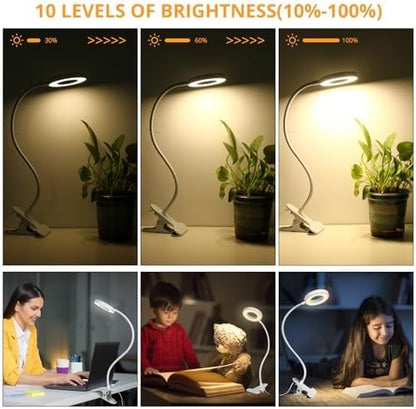 Desk Clip on Lamp for Reading Home Office, with 5V 2A Adapter, 10 Dimmable Brightness 3 Modes, Clamp Reading Light for Bed Headboard, Craft (White)…