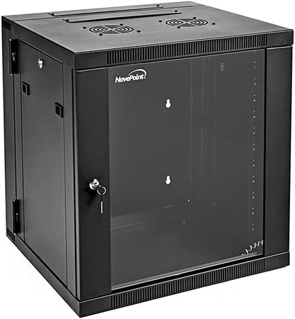 NavePoint Server Cabinet with Hinged Back - 17.7' Deep, 12U Rack Enclosure with Locking Glass Door, Wall Mount Rack with Removable Side Panels, Network Cabinet with 2 Fans, Assembled