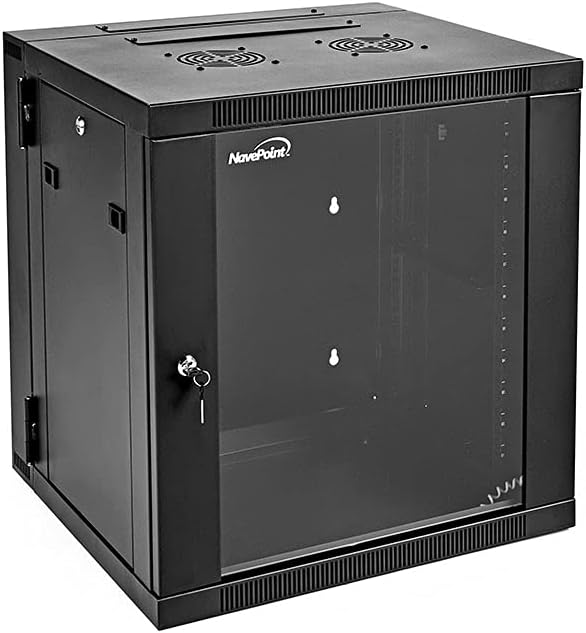 NavePoint 12U Server Cabinet with Hinged Back - 25.5” Deep, 12U Server Rack Enclosure with Locking Glass Door, Wall Mount Rack with Removable Side Panels, 12U Network Cabinet with 2 Fans, Assembled