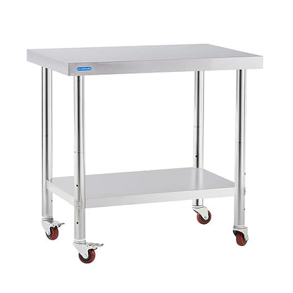 Stainless Steel Table for Prep & Work with 4 Caster Wheels with Undershelf 24 x 36 NSF Metal Commercial Kitchen Adjustable Undershelf Worktable for Restaurant Home Outdoor