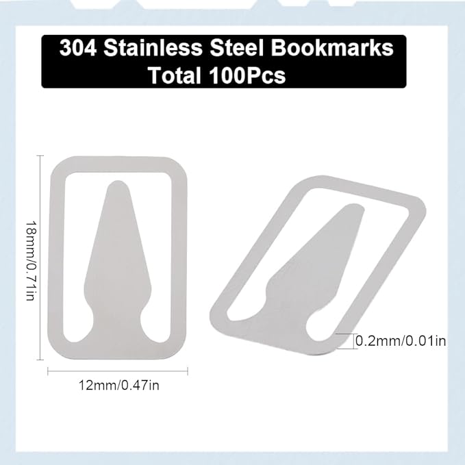 SUNNYCLUE 1 Box 100Pcs 304 Stainless Steel Bookmarks Metal Book Line Markers Silver Rectangle with Arrow Book Page Markers Clips Covers Accessories for Reading Book Lovers Women Men Office School Work
