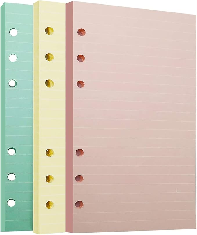 Chris.W A6 Refills Paper, 3 Pack 40 Sheets A6 Colorful Ruled Binder Paper, 3 Pcs Binder Pockets, 1 Page Marker - 6 Hole Notebook Inserts for 6 Ring Refillable A6 Binder Notebook Planner