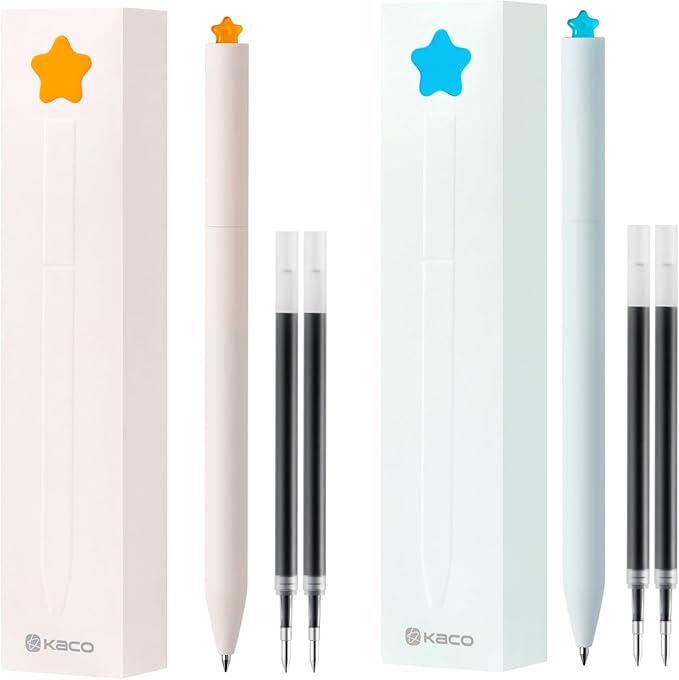Kaco FIRST Gel Pens, Cute Stationery, 4 Pieces with Extra 8 Black Refills Cute Heart Star Pen Set (2 Star & 2 Heart)