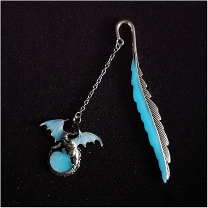 2 Pack Feather Metal Bookmark with Luminous 3D Butterfly Pendant & Dragon, Unique Glow in The Dark Bookmark Gift for Men Women (Dragon & Butterfly)