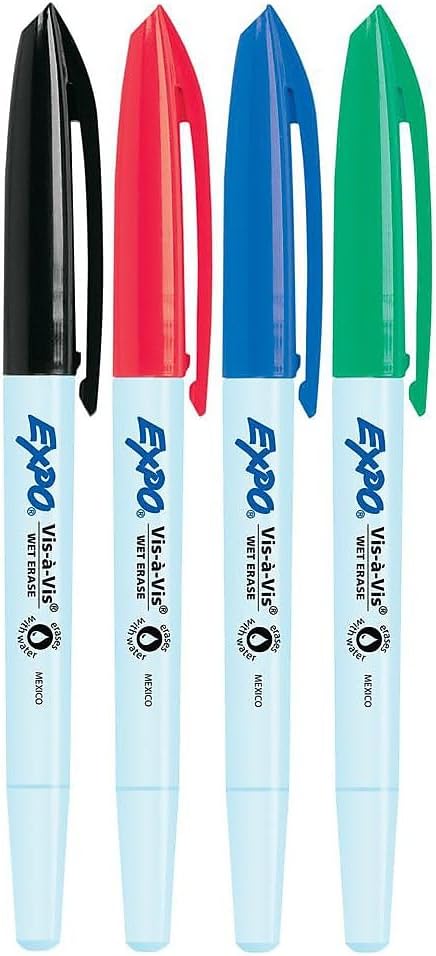 Expo Vis-a-Vis Wet-Erase Marker, Fine Point, 4-Color Set (SAN16074)