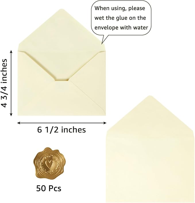 50 Pack A6 Envelopes for 4 x 6 Greeting Cards, Birthday Party, Photos, Baby Shower and Wedding Invitation Cards, 6 1/2 x 4 3/4 Inches (Cream Color)