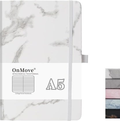 Lined Notebook Journal for Women Men 200 Pages A5 Hardcover Leather with Pen Holder College Ruled Journals for Work Note Taking Travel School (Lined, White-B)