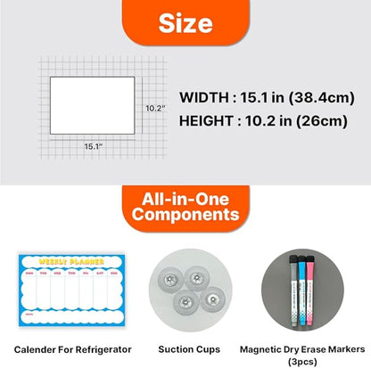 GEEKBEAR Dry Erase Refrigerator Calendar with 3 Markers - Attachable to Any Fridge with Special Suction Cups - Monthly and Weekly Designs, Acrylic - 15.7" x 10.6" (08. Cloud, Weekly)