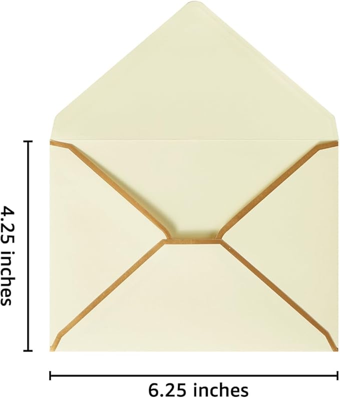 50 Pack Cream Color A4 Envelopes 4x6 Self-Adhesive V Flap Envelopes with Gold Border for Office, Greeting Card, Wedding, Graduation, Baby Shower, Parties, Invitations (4.25x6.25 inches)