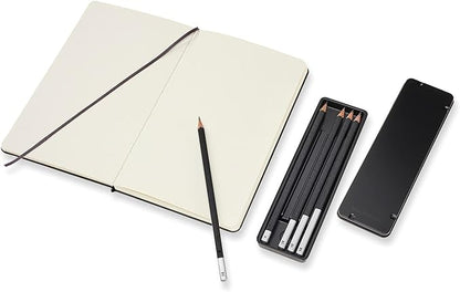 Moleskine Art Collection Sketching Kit - Sketchbook Large + Drawing Pencils Set, Large, Plain, Black, Hard Cover (5 x 8.25) 104 Pages