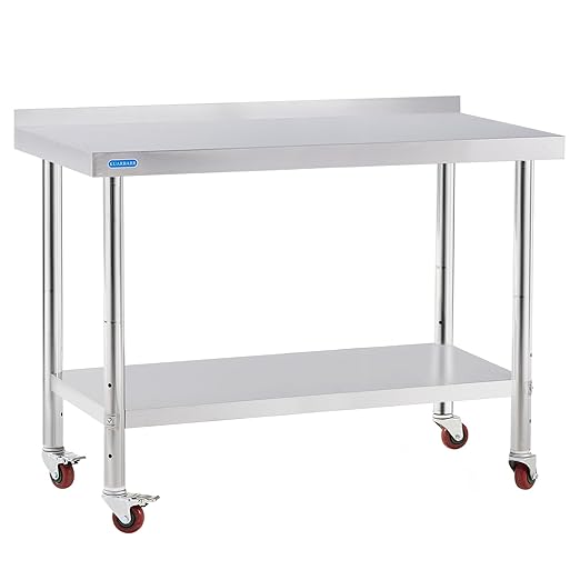 Stainless Steel Table for Prep & Work with 4 Caster Wheels with Backsplash 24 x 48 NSF Metal Commercial Kitchen Adjustable Under Shelf Worktable for Restaurant Home Outdoor