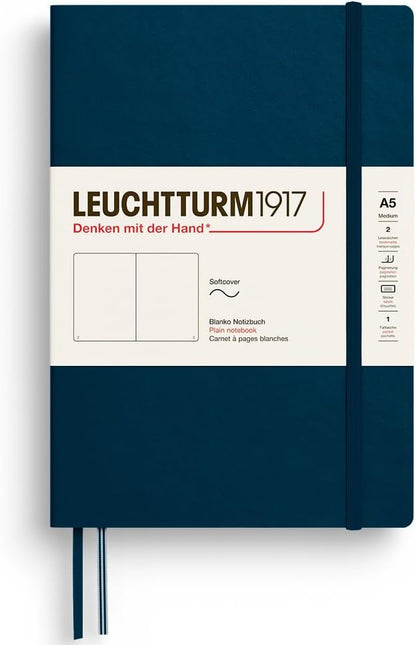 LEUCHTTURM1917 - Notebook Softcover Medium A5-123 Numbered Pages for Writing and Journaling - Thinking Ahead (Plain Paper, Deep Sea)
