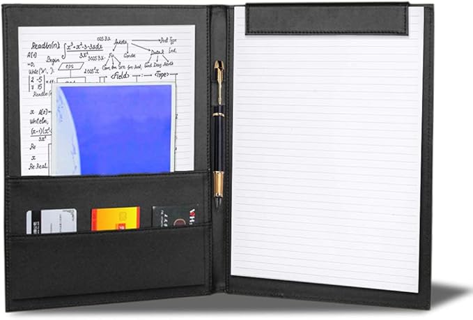 Office Clipboard Padfolio Binder 19" X 13"- A4 Foldable File Clip Portfolio Folder Document Organizer Writing Pad Business Card Holder - Magnetic PU Leather Conference Desk Pad with Pen Holder