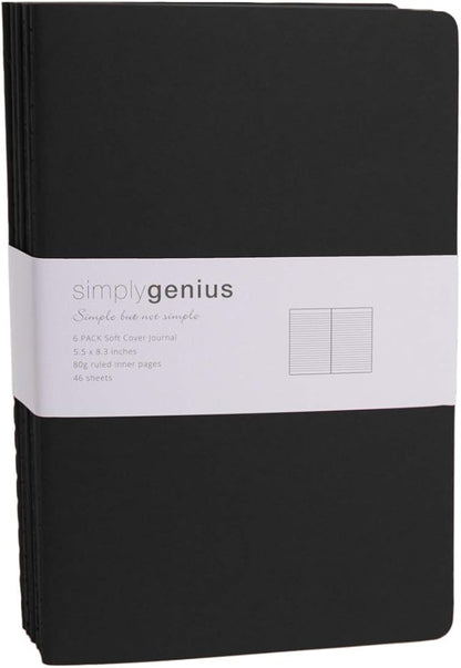 Simply Genius A5 Notebooks for Work, Travel, Business, School & More - College Ruled Notebook - Softcover Journals for Women & Men - Lined Note Books with 92 pages, 5.5" x 8.3" (Black, 6 pack)