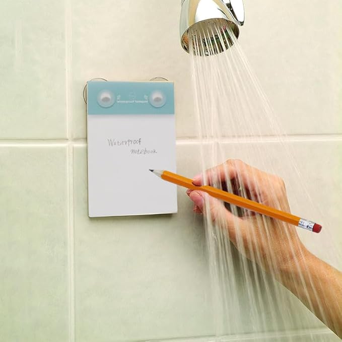 Halsa Waterproof Shower Notepad with Pencil, Sharpener & Suction Cups – 40 Sheets for Waterproof Writing – Capture Ideas in the Shower – Ideal for Bathroom, Office, or Travel