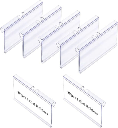 Diteje 20 Pack Plastic Wire Shelf Label Holder,Shelving Rack Retail Sign Hook Labels Clip On with Paper Inserts,3.15x1.50inch