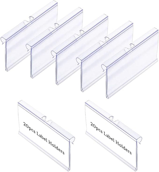 Diteje 20 Pack Plastic Wire Shelf Label Holder,Shelving Rack Retail Sign Hook Labels Clip On with Paper Inserts,3.15x1.50inch