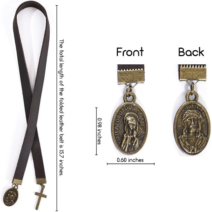 Bookmarks, Handmade Retro Cross Bible Bookmark with Long Leather Straps, Oval Tag Christian Saint Book Mark, Ideal Christian Gift (Style 7)