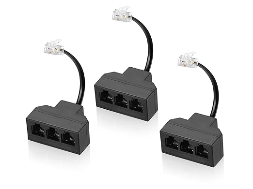 RJ11 Cable 3 Way Telephone Splitter 3 Pack, Black, Splitter 6P4C Connector Phone Line Cord Adapter with Cable for Landline Telephone Wire, Suitable for Telephone, Fax Machine