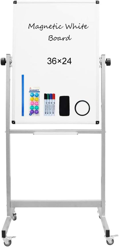 XIWODE 24x36 Inch Magnetic Double-Sided Mobile Whiteboard with Wheels, Adjustable Height, Flip & Rotate Design, Durable Square Tube Frame, for Office, Classroom, Home, and Presentations