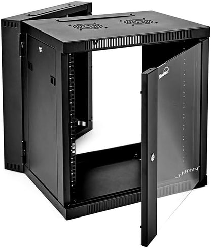 NavePoint Server Cabinet with Hinged Back - 17.7' Deep, 12U Rack Enclosure with Locking Glass Door, Wall Mount Rack with Removable Side Panels, Network Cabinet with 2 Fans, Assembled