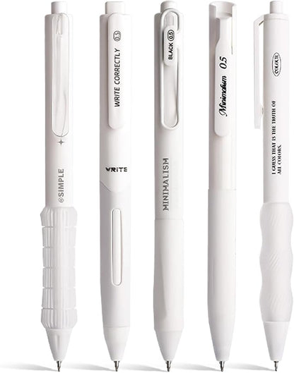 5 Count Pastel Gel Ink Pen Set,Cute Note Taking 0.5mm Fine Point Retractable 5 Count Black Ink Pens for Writing, Journaling, School, Office (White)