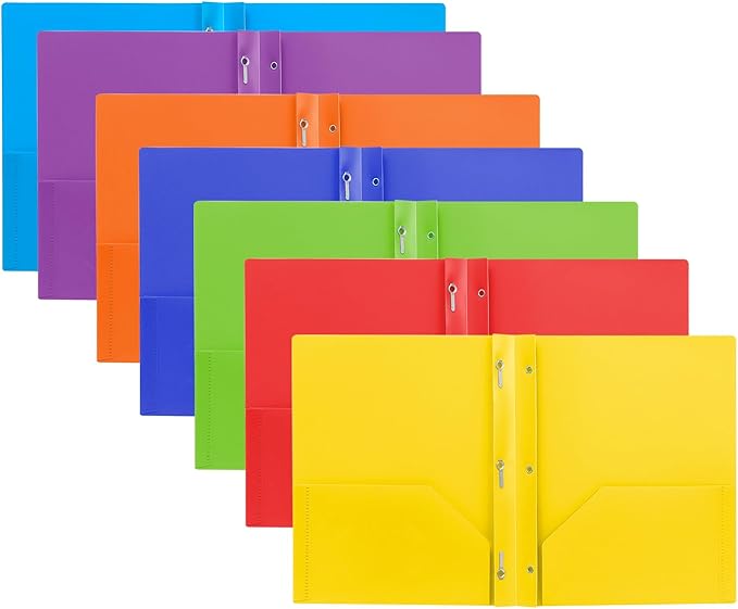 Folders with Pockets and Prongs, 3 Prong Folders with Pockets, 2 Pocket Folders with Prongs for School Office Documents, Colorful Plastic Folders with 2 Pockets for Letter Size Paper/7 Pack