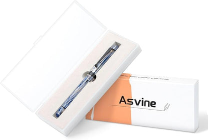 Asvine V126 Vacuum Filling Fountain Pen Matte Black Fine Point, Blue Swirl Acrylic Pen Gift Case
