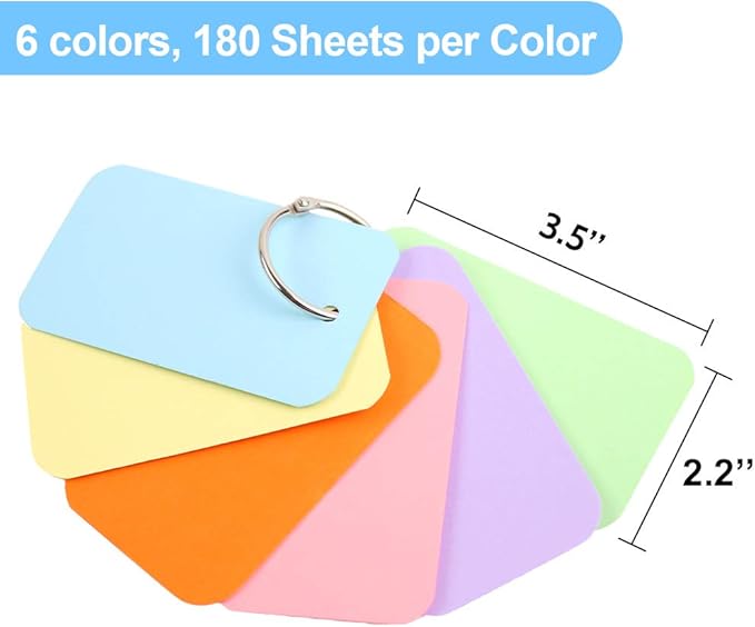 Koogel 1080 Pcs Colored Index Cards, 6 Kinds Colored Notecards Index Cards Flash Cards Blank for School Learning Memory Recipe Cards Child 's Game