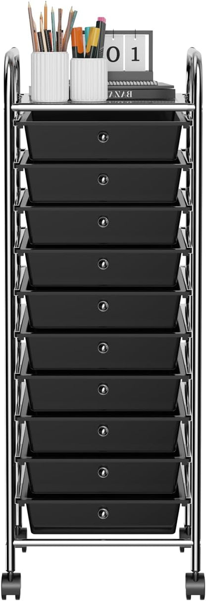 Storage Cart, Rolling Utility Cart with 10 Drawers, Portable Handles & Lockable Wheels, Mobile Paper Toys Storage Organizer Large Capacity for Home Office School Teacher (Black)