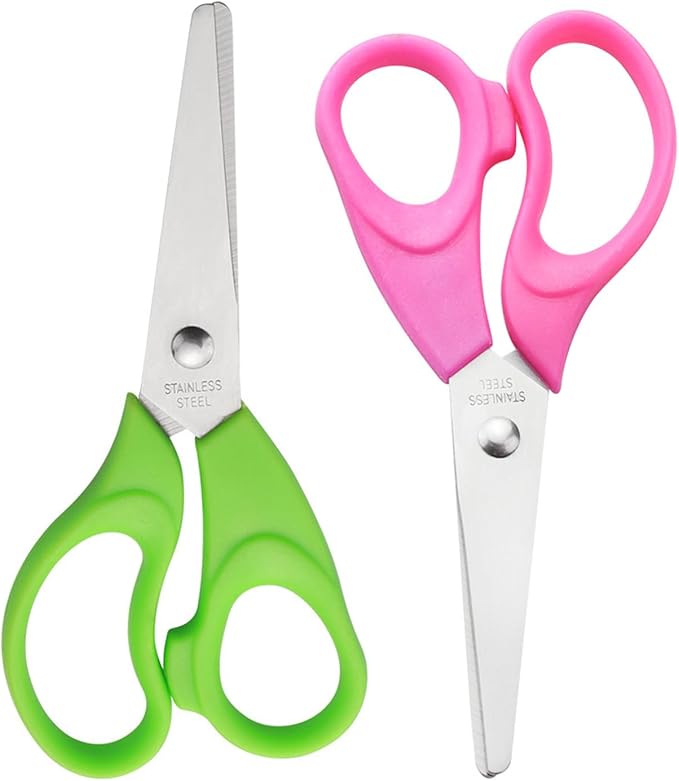 Kids Scissors, Blunt-Tip Scissors Stainless Steel Blades & plastic handle, Scissors for School or Crafting, Back to School Supplies,13.5cm, 2 Pack (GREEN+PINK)