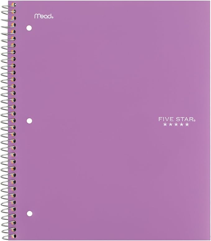 Five Star Spiral Notebook + Study App, 5 Subject, Wide Ruled Paper, Fights Ink Bleed, Water Resistant Cover, 8" x 10-1/2", 200 Sheets, Amethyst Purple (38739)