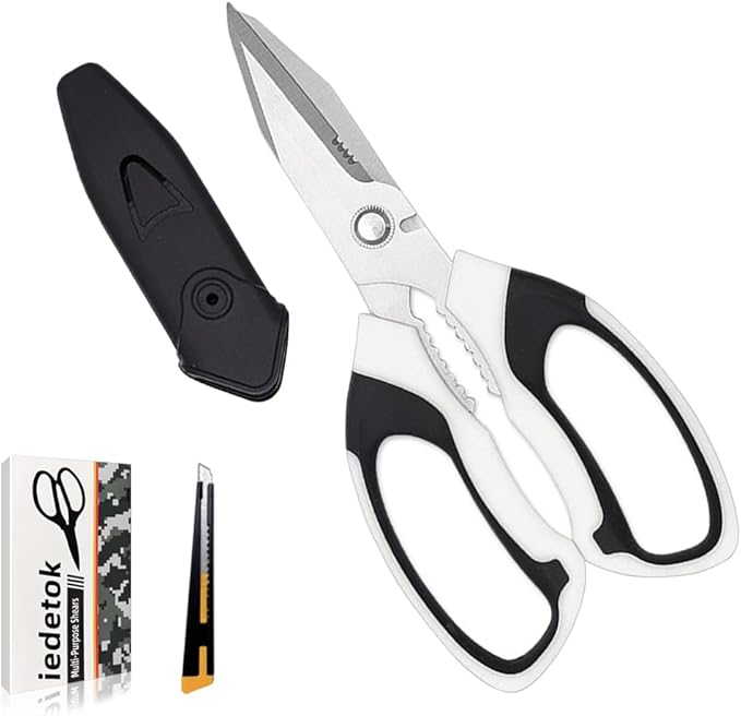 Utility Scissors Heavy Duty, Heavy duty Shears Stainless Steel Blades with Protective Case, Multipurpose Scissors for Cutting Cardboard, Fabric, Carpet, Leather, Wire (White Set)