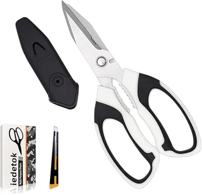 Utility Scissors Heavy Duty, Heavy duty Shears Stainless Steel Blades with Protective Case, Multipurpose Scissors for Cutting Cardboard, Fabric, Carpet, Leather, Wire (White Set)